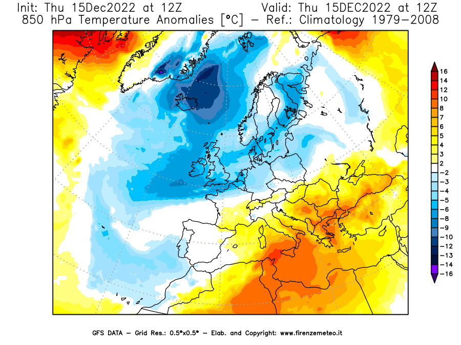Mappa di analisi GFS - Anomalia Temperatura [°C] a 850 hPa in Europa
							del 15/12/2022 12 <!--googleoff: index-->UTC<!--googleon: index-->