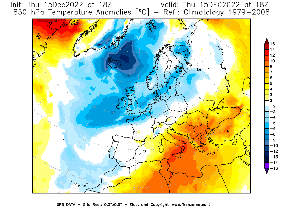 Mappa di analisi GFS - Anomalia Temperatura [°C] a 850 hPa in Europa
							del 15/12/2022 18 <!--googleoff: index-->UTC<!--googleon: index-->