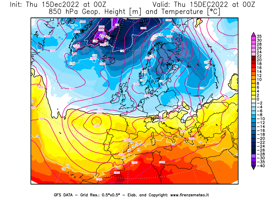 Mappa di analisi GFS - Geopotenziale [m] e Temperatura [°C] a 850 hPa in Europa
							del 15/12/2022 00 <!--googleoff: index-->UTC<!--googleon: index-->