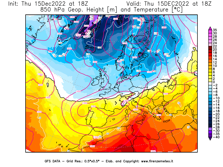 Mappa di analisi GFS - Geopotenziale [m] e Temperatura [°C] a 850 hPa in Europa
							del 15/12/2022 18 <!--googleoff: index-->UTC<!--googleon: index-->