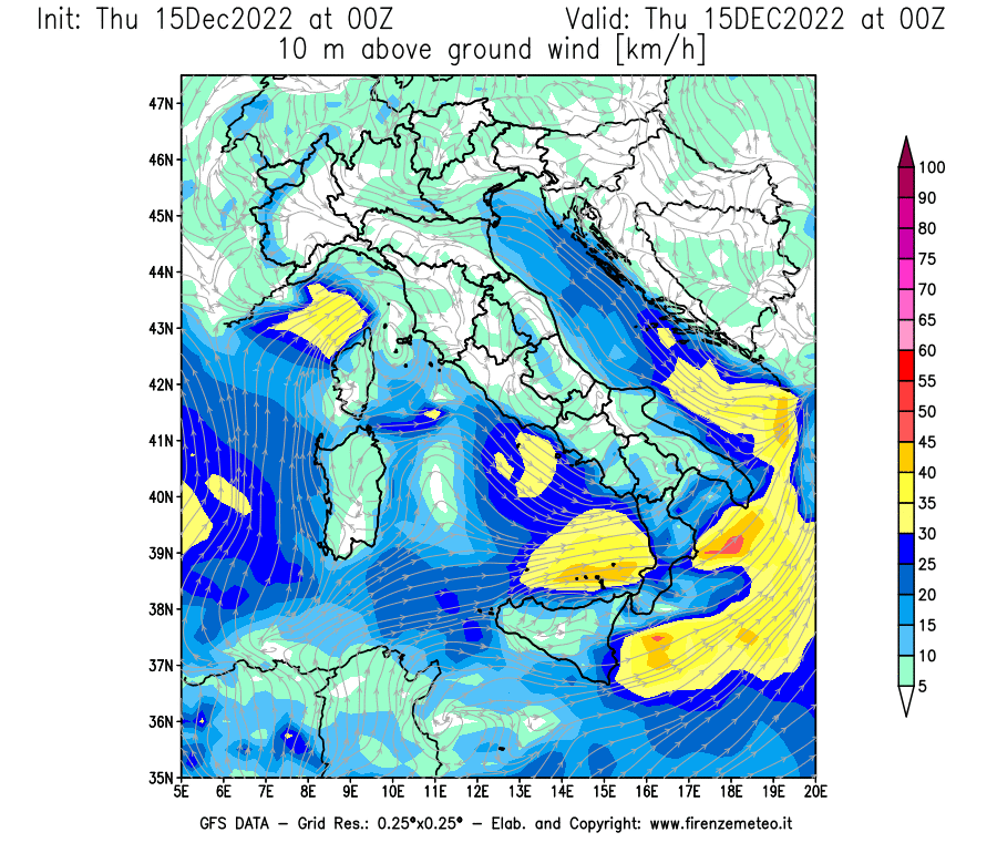 Mappa di analisi GFS - Velocità del vento a 10 metri dal suolo [km/h] in Italia
							del 15/12/2022 00 <!--googleoff: index-->UTC<!--googleon: index-->
