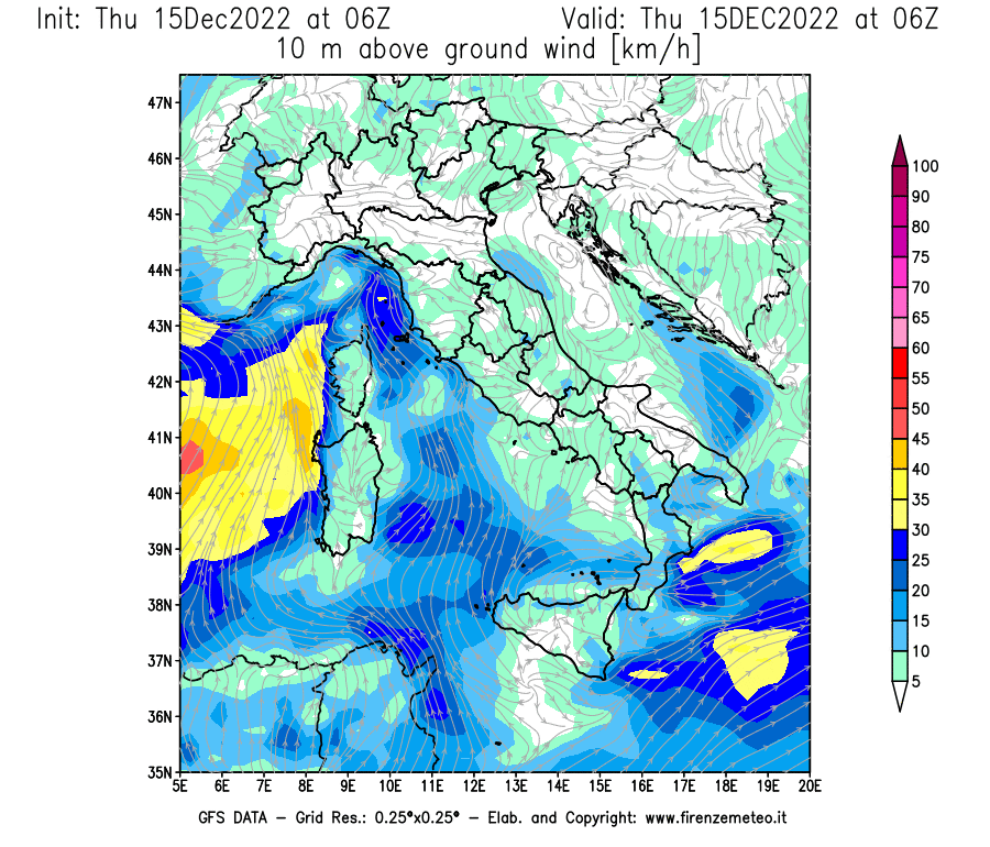 Mappa di analisi GFS - Velocità del vento a 10 metri dal suolo [km/h] in Italia
							del 15/12/2022 06 <!--googleoff: index-->UTC<!--googleon: index-->