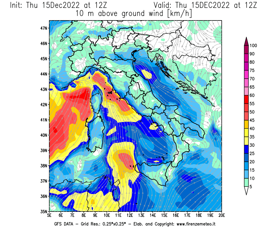 Mappa di analisi GFS - Velocità del vento a 10 metri dal suolo [km/h] in Italia
							del 15/12/2022 12 <!--googleoff: index-->UTC<!--googleon: index-->