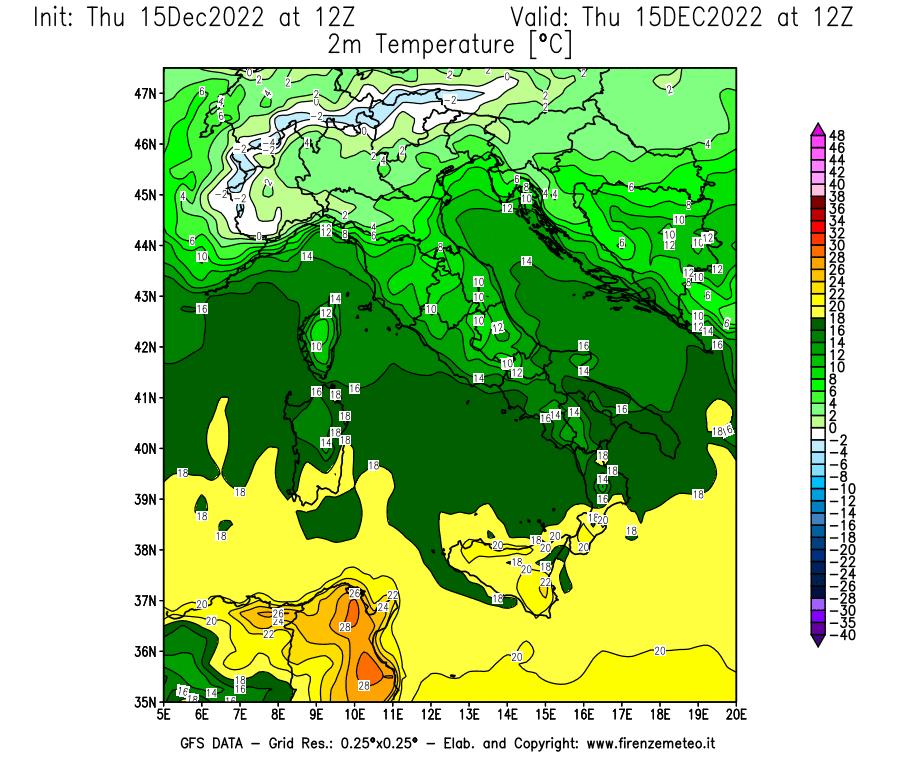 Mappa di analisi GFS - Temperatura a 2 metri dal suolo [°C] in Italia
							del 15/12/2022 12 <!--googleoff: index-->UTC<!--googleon: index-->