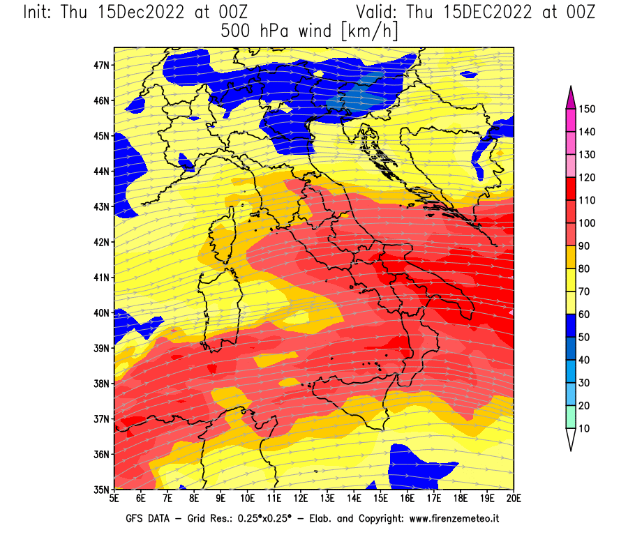 Mappa di analisi GFS - Velocità del vento a 500 hPa [km/h] in Italia
							del 15/12/2022 00 <!--googleoff: index-->UTC<!--googleon: index-->