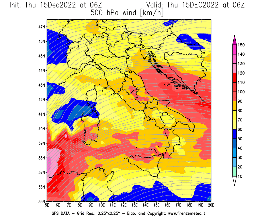 Mappa di analisi GFS - Velocità del vento a 500 hPa [km/h] in Italia
							del 15/12/2022 06 <!--googleoff: index-->UTC<!--googleon: index-->