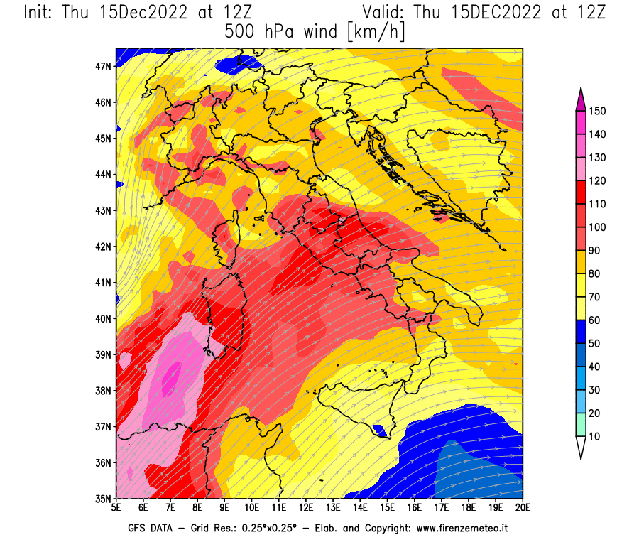 Mappa di analisi GFS - Velocità del vento a 500 hPa [km/h] in Italia
							del 15/12/2022 12 <!--googleoff: index-->UTC<!--googleon: index-->