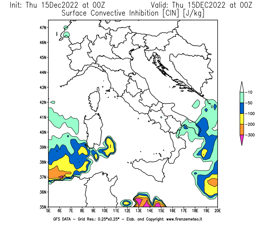 Mappa di analisi GFS - CIN [J/kg] in Italia
							del 15/12/2022 00 <!--googleoff: index-->UTC<!--googleon: index-->