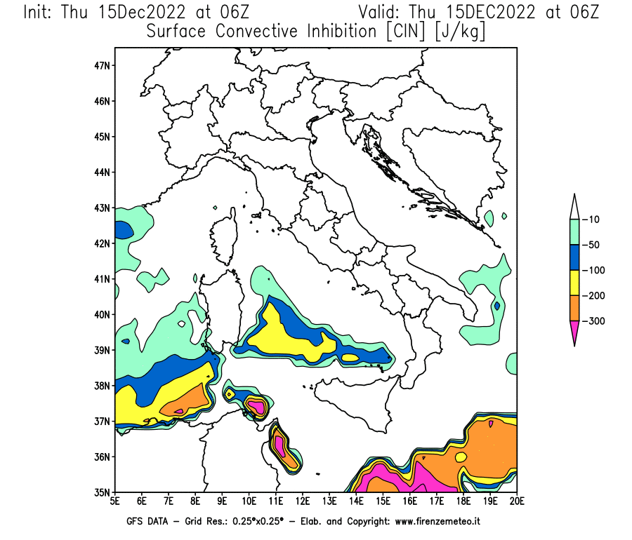 Mappa di analisi GFS - CIN [J/kg] in Italia
							del 15/12/2022 06 <!--googleoff: index-->UTC<!--googleon: index-->