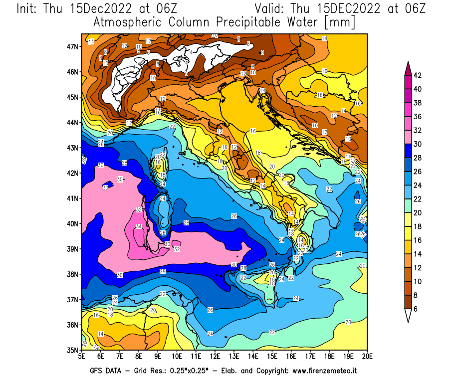 Mappa di analisi GFS - Precipitable Water [mm] in Italia
							del 15/12/2022 06 <!--googleoff: index-->UTC<!--googleon: index-->