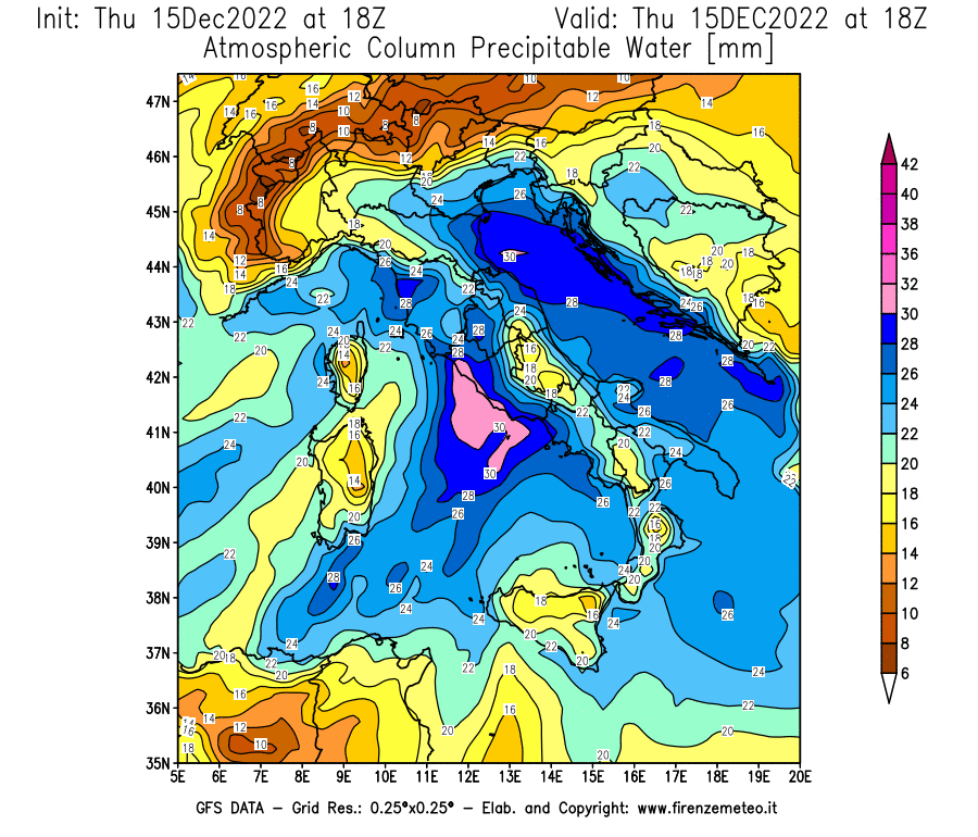 Mappa di analisi GFS - Precipitable Water [mm] in Italia
							del 15/12/2022 18 <!--googleoff: index-->UTC<!--googleon: index-->