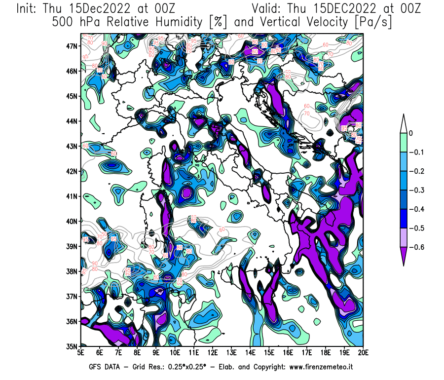 Mappa di analisi GFS - Umidità relativa [%] e Omega [Pa/s] a 500 hPa in Italia
							del 15/12/2022 00 <!--googleoff: index-->UTC<!--googleon: index-->