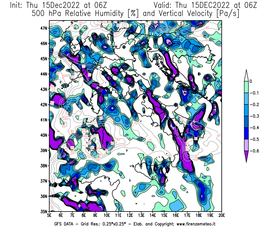 Mappa di analisi GFS - Umidità relativa [%] e Omega [Pa/s] a 500 hPa in Italia
							del 15/12/2022 06 <!--googleoff: index-->UTC<!--googleon: index-->