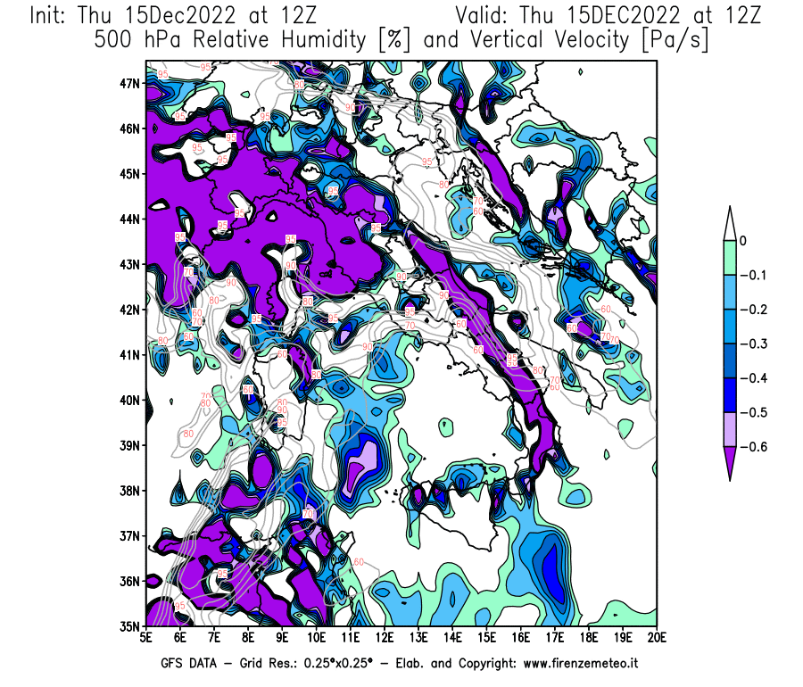 Mappa di analisi GFS - Umidità relativa [%] e Omega [Pa/s] a 500 hPa in Italia
							del 15/12/2022 12 <!--googleoff: index-->UTC<!--googleon: index-->