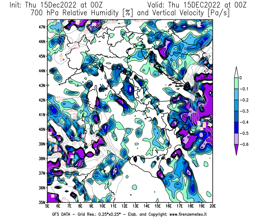 Mappa di analisi GFS - Umidità relativa [%] e Omega [Pa/s] a 700 hPa in Italia
							del 15/12/2022 00 <!--googleoff: index-->UTC<!--googleon: index-->