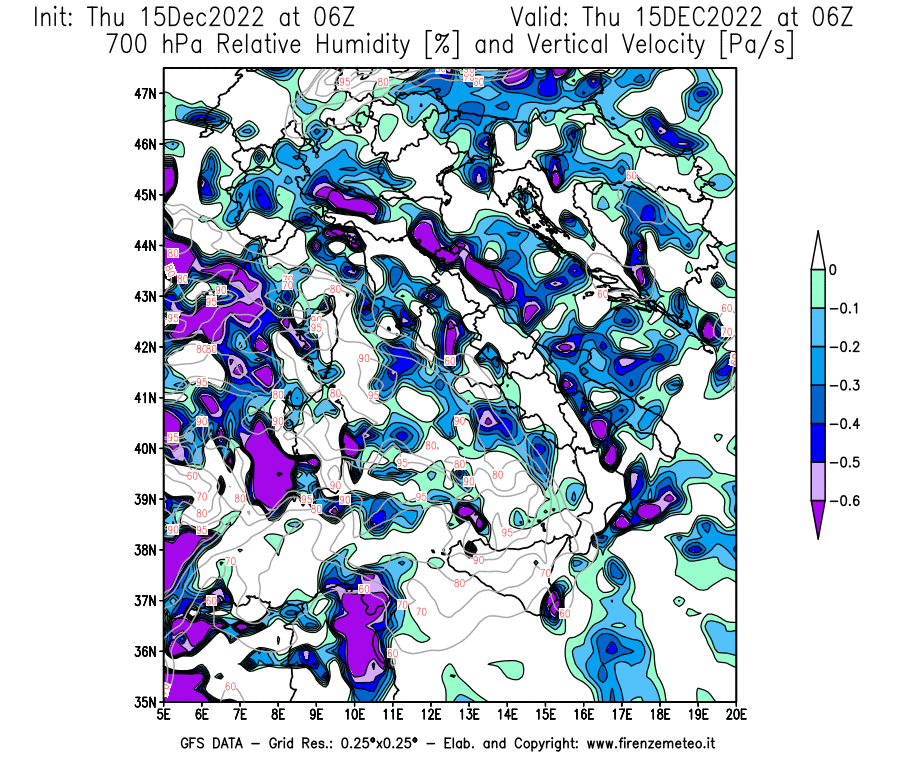 Mappa di analisi GFS - Umidità relativa [%] e Omega [Pa/s] a 700 hPa in Italia
							del 15/12/2022 06 <!--googleoff: index-->UTC<!--googleon: index-->