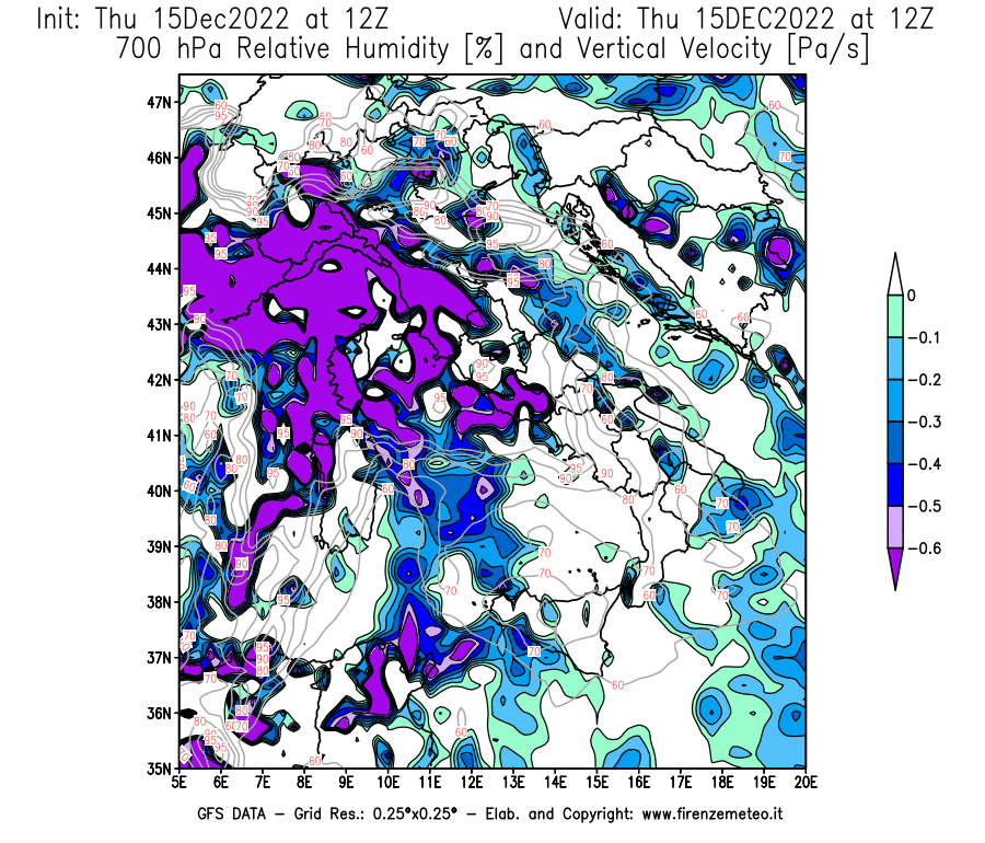Mappa di analisi GFS - Umidità relativa [%] e Omega [Pa/s] a 700 hPa in Italia
							del 15/12/2022 12 <!--googleoff: index-->UTC<!--googleon: index-->