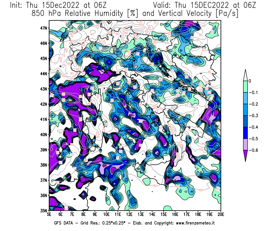 Mappa di analisi GFS - Umidità relativa [%] e Omega [Pa/s] a 850 hPa in Italia
							del 15/12/2022 06 <!--googleoff: index-->UTC<!--googleon: index-->