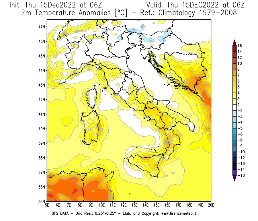 Mappa di analisi GFS - Anomalia Temperatura [°C] a 2 m in Italia
							del 15/12/2022 06 <!--googleoff: index-->UTC<!--googleon: index-->