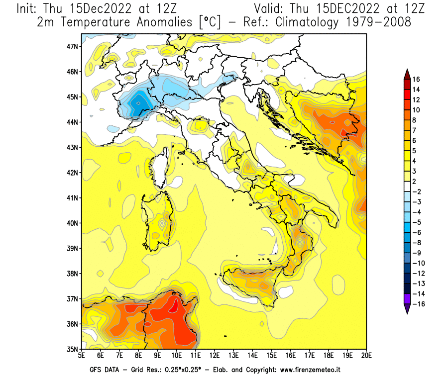 Mappa di analisi GFS - Anomalia Temperatura [°C] a 2 m in Italia
							del 15/12/2022 12 <!--googleoff: index-->UTC<!--googleon: index-->