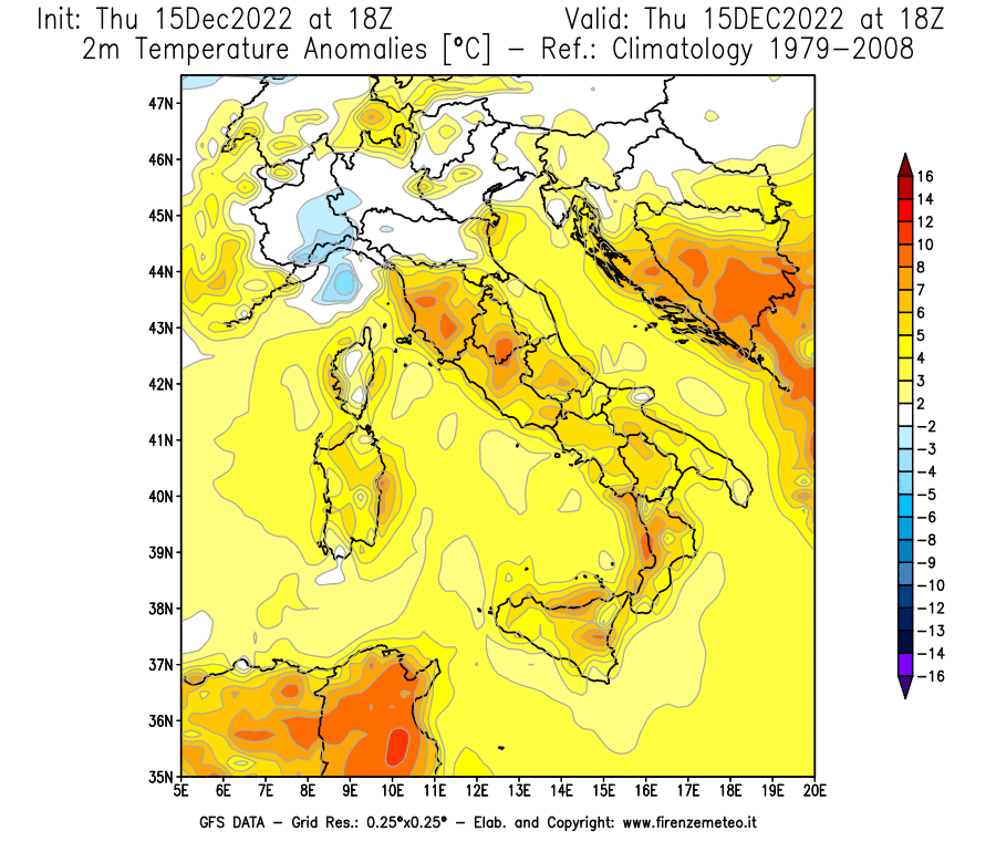 Mappa di analisi GFS - Anomalia Temperatura [°C] a 2 m in Italia
							del 15/12/2022 18 <!--googleoff: index-->UTC<!--googleon: index-->