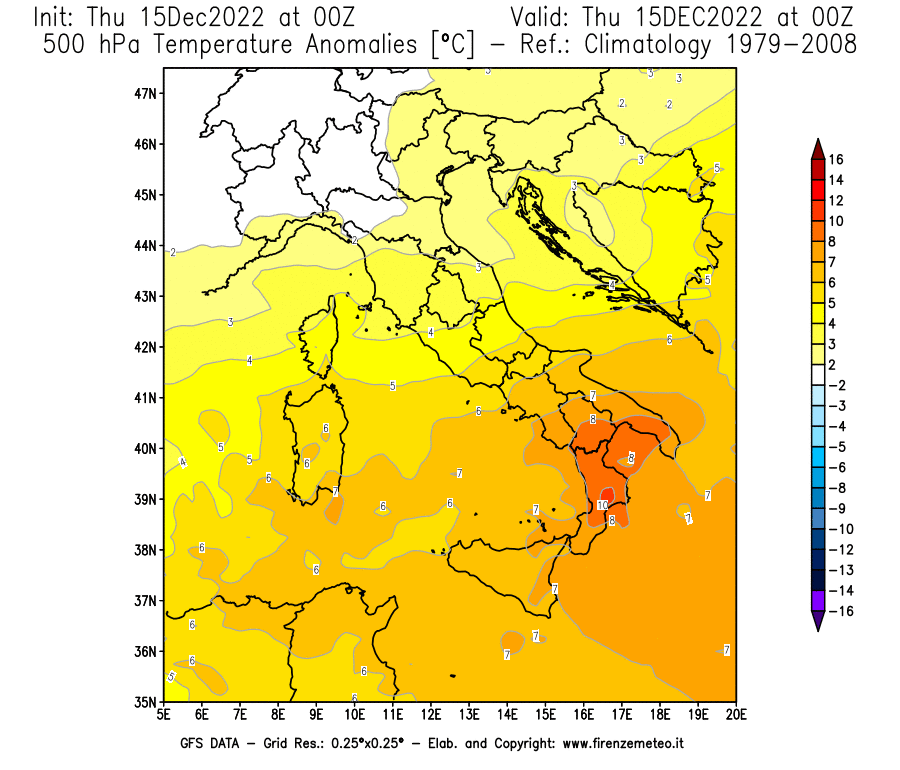 Mappa di analisi GFS - Anomalia Temperatura [°C] a 500 hPa in Italia
							del 15/12/2022 00 <!--googleoff: index-->UTC<!--googleon: index-->