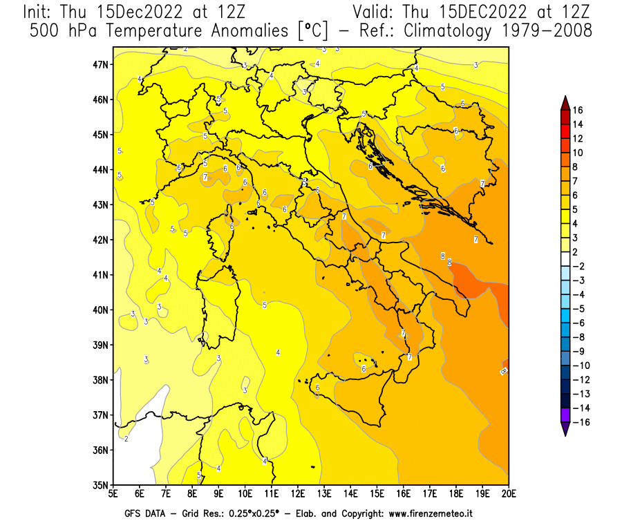 Mappa di analisi GFS - Anomalia Temperatura [°C] a 500 hPa in Italia
							del 15/12/2022 12 <!--googleoff: index-->UTC<!--googleon: index-->
