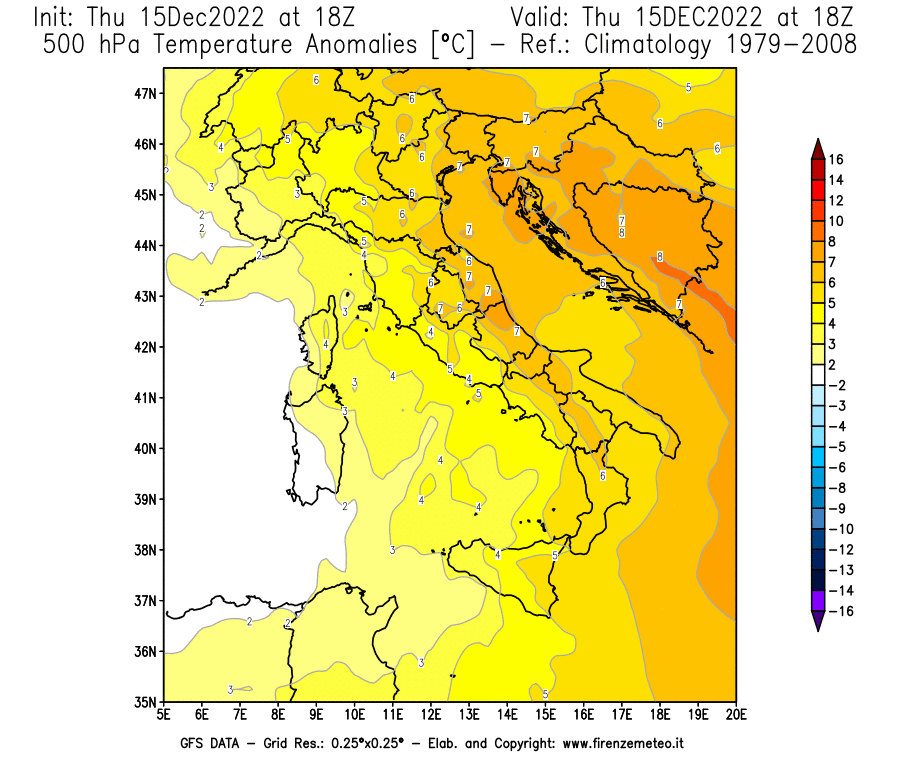 Mappa di analisi GFS - Anomalia Temperatura [°C] a 500 hPa in Italia
							del 15/12/2022 18 <!--googleoff: index-->UTC<!--googleon: index-->