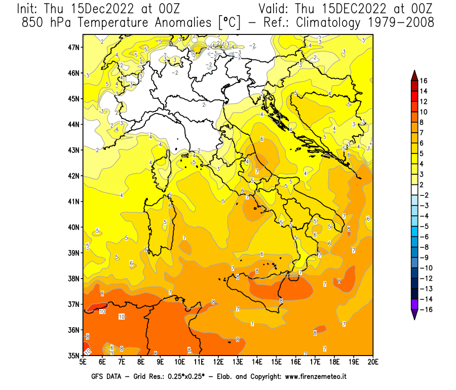 Mappa di analisi GFS - Anomalia Temperatura [°C] a 850 hPa in Italia
							del 15/12/2022 00 <!--googleoff: index-->UTC<!--googleon: index-->