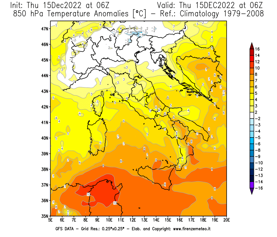 Mappa di analisi GFS - Anomalia Temperatura [°C] a 850 hPa in Italia
							del 15/12/2022 06 <!--googleoff: index-->UTC<!--googleon: index-->