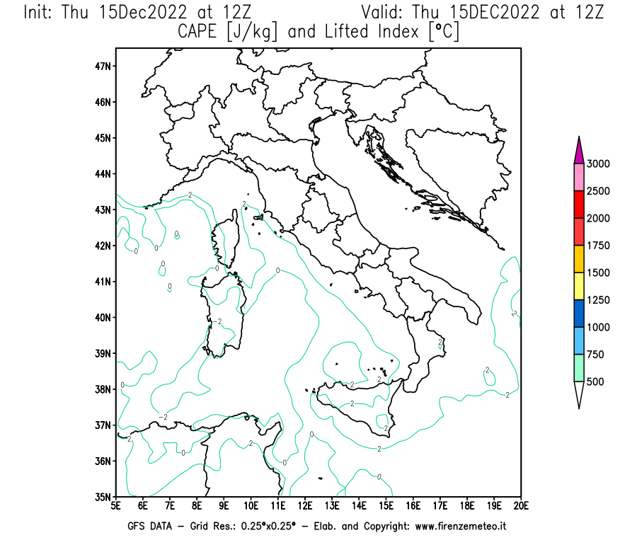 Mappa di analisi GFS - CAPE [J/kg] e Lifted Index [°C] in Italia
							del 15/12/2022 12 <!--googleoff: index-->UTC<!--googleon: index-->