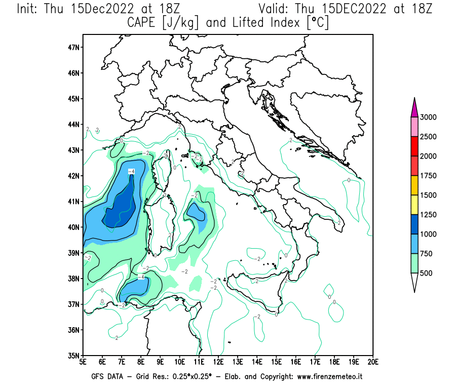 Mappa di analisi GFS - CAPE [J/kg] e Lifted Index [°C] in Italia
							del 15/12/2022 18 <!--googleoff: index-->UTC<!--googleon: index-->