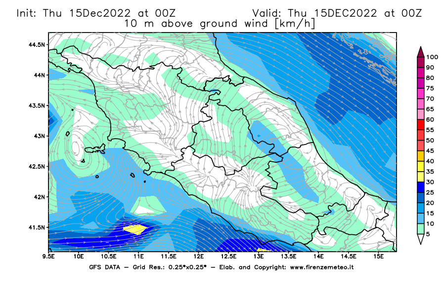 Mappa di analisi GFS - Velocità del vento a 10 metri dal suolo [km/h] in Centro-Italia
							del 15/12/2022 00 <!--googleoff: index-->UTC<!--googleon: index-->