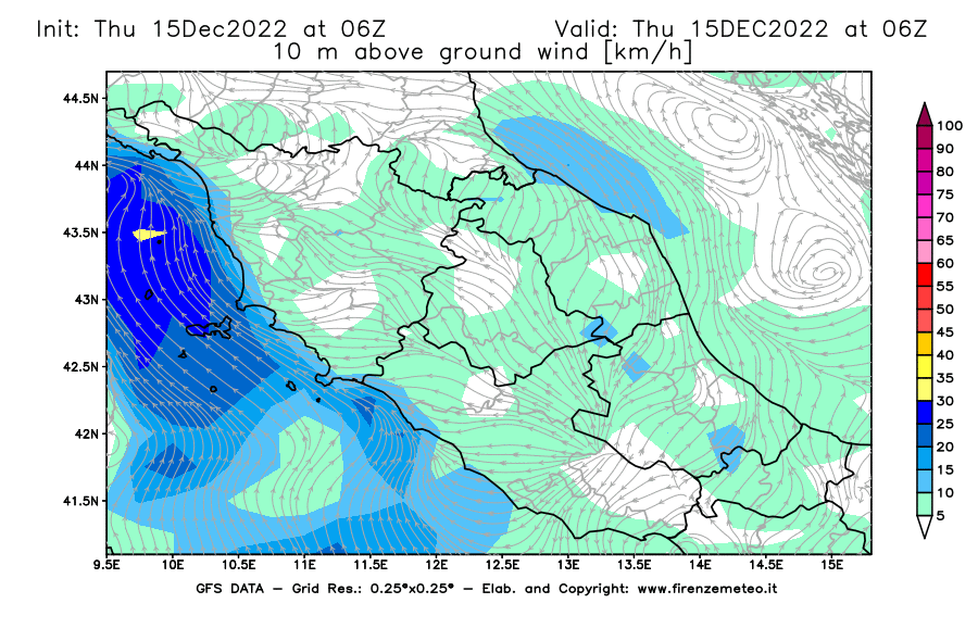 Mappa di analisi GFS - Velocità del vento a 10 metri dal suolo [km/h] in Centro-Italia
							del 15/12/2022 06 <!--googleoff: index-->UTC<!--googleon: index-->