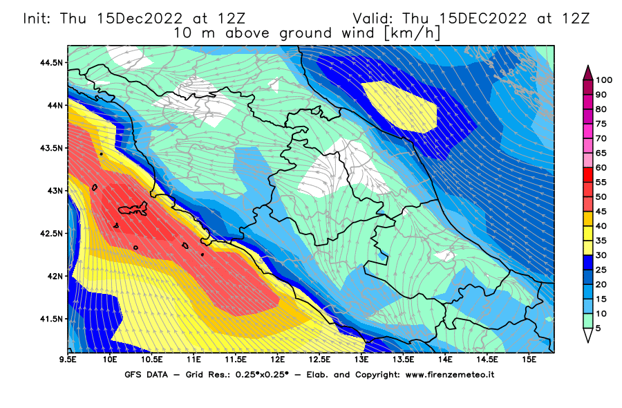 Mappa di analisi GFS - Velocità del vento a 10 metri dal suolo [km/h] in Centro-Italia
							del 15/12/2022 12 <!--googleoff: index-->UTC<!--googleon: index-->