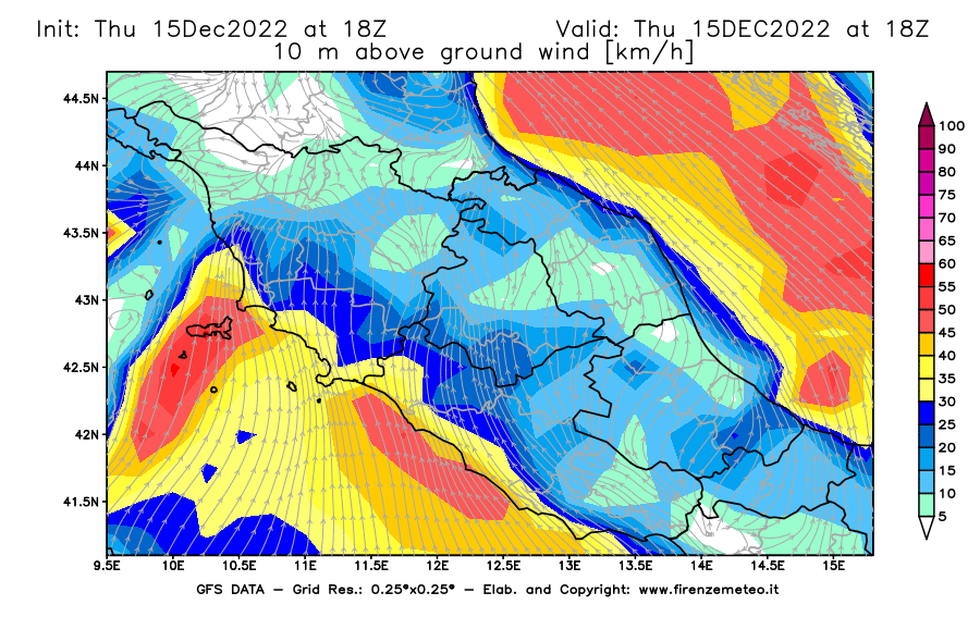 Mappa di analisi GFS - Velocità del vento a 10 metri dal suolo [km/h] in Centro-Italia
							del 15/12/2022 18 <!--googleoff: index-->UTC<!--googleon: index-->