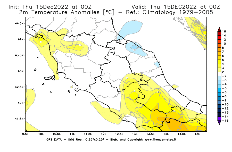 Mappa di analisi GFS - Anomalia Temperatura [°C] a 2 m in Centro-Italia
							del 15/12/2022 00 <!--googleoff: index-->UTC<!--googleon: index-->