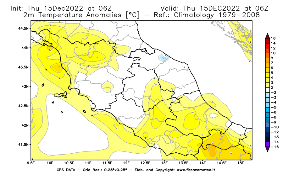 Mappa di analisi GFS - Anomalia Temperatura [°C] a 2 m in Centro-Italia
							del 15/12/2022 06 <!--googleoff: index-->UTC<!--googleon: index-->