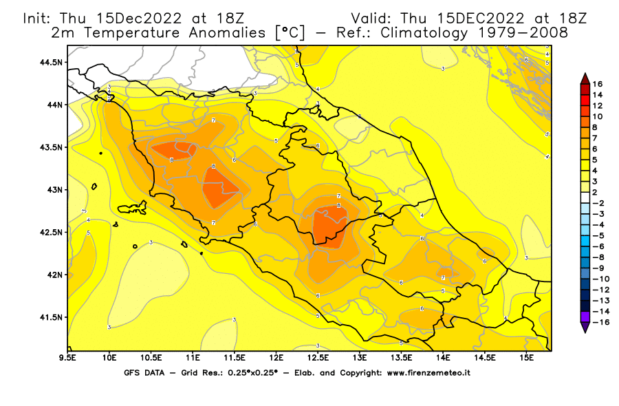 Mappa di analisi GFS - Anomalia Temperatura [°C] a 2 m in Centro-Italia
							del 15/12/2022 18 <!--googleoff: index-->UTC<!--googleon: index-->
