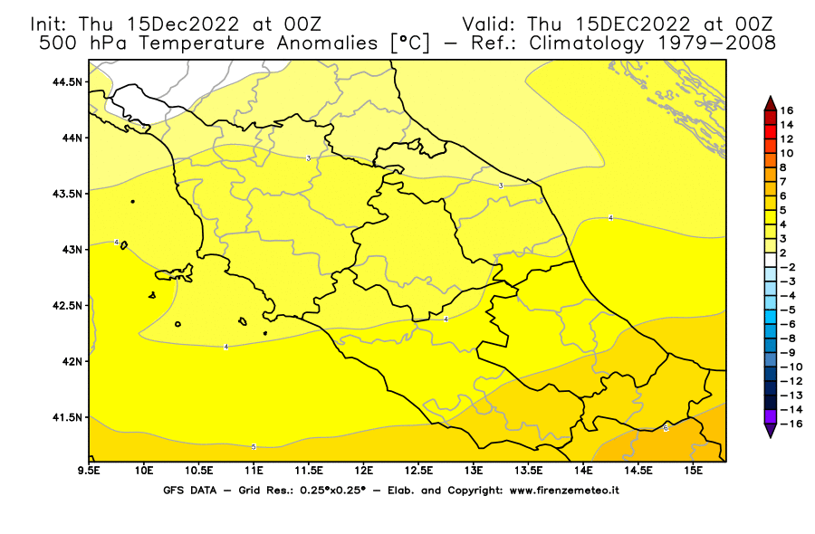 Mappa di analisi GFS - Anomalia Temperatura [°C] a 500 hPa in Centro-Italia
							del 15/12/2022 00 <!--googleoff: index-->UTC<!--googleon: index-->