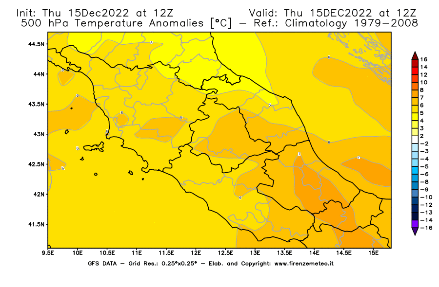 Mappa di analisi GFS - Anomalia Temperatura [°C] a 500 hPa in Centro-Italia
							del 15/12/2022 12 <!--googleoff: index-->UTC<!--googleon: index-->