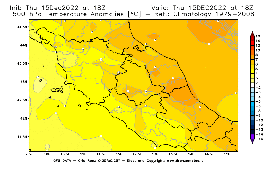 Mappa di analisi GFS - Anomalia Temperatura [°C] a 500 hPa in Centro-Italia
							del 15/12/2022 18 <!--googleoff: index-->UTC<!--googleon: index-->