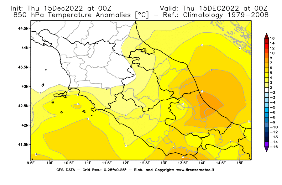 Mappa di analisi GFS - Anomalia Temperatura [°C] a 850 hPa in Centro-Italia
							del 15/12/2022 00 <!--googleoff: index-->UTC<!--googleon: index-->