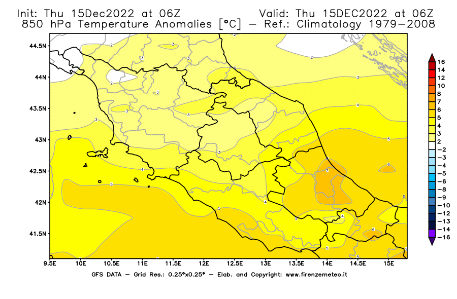 Mappa di analisi GFS - Anomalia Temperatura [°C] a 850 hPa in Centro-Italia
							del 15/12/2022 06 <!--googleoff: index-->UTC<!--googleon: index-->