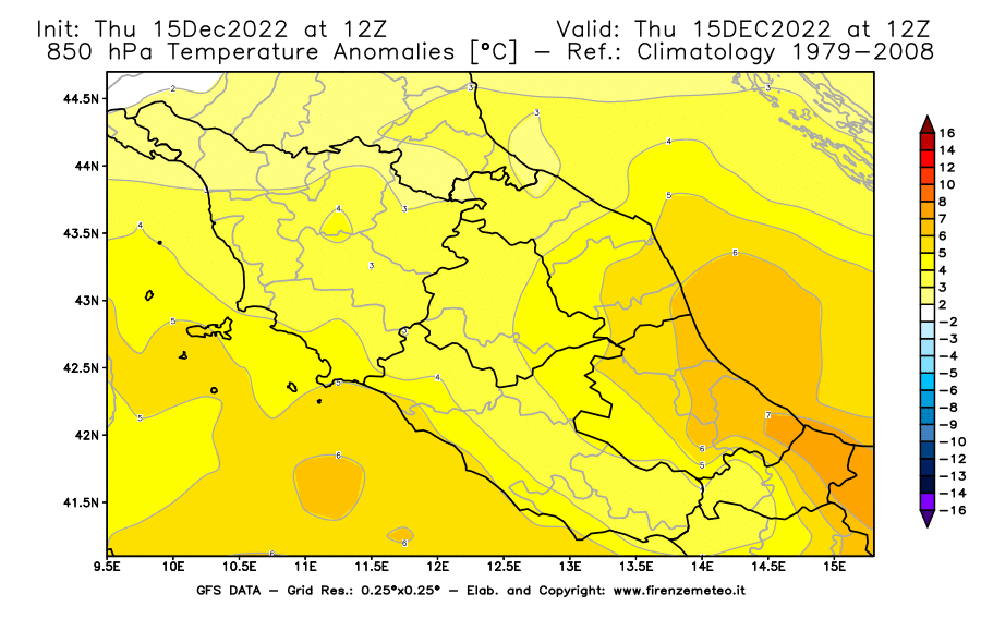 Mappa di analisi GFS - Anomalia Temperatura [°C] a 850 hPa in Centro-Italia
							del 15/12/2022 12 <!--googleoff: index-->UTC<!--googleon: index-->