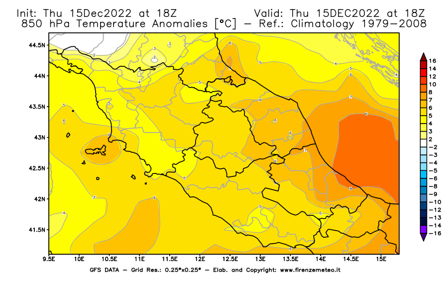 Mappa di analisi GFS - Anomalia Temperatura [°C] a 850 hPa in Centro-Italia
							del 15/12/2022 18 <!--googleoff: index-->UTC<!--googleon: index-->