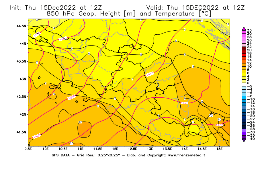 Mappa di analisi GFS - Geopotenziale [m] e Temperatura [°C] a 850 hPa in Centro-Italia
							del 15/12/2022 12 <!--googleoff: index-->UTC<!--googleon: index-->