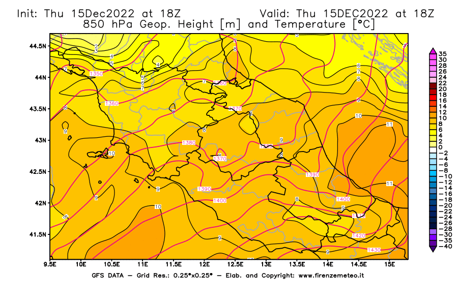 Mappa di analisi GFS - Geopotenziale [m] e Temperatura [°C] a 850 hPa in Centro-Italia
							del 15/12/2022 18 <!--googleoff: index-->UTC<!--googleon: index-->