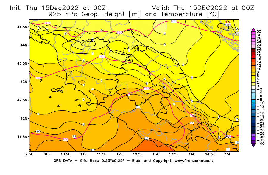 Mappa di analisi GFS - Geopotenziale [m] e Temperatura [°C] a 925 hPa in Centro-Italia
							del 15/12/2022 00 <!--googleoff: index-->UTC<!--googleon: index-->