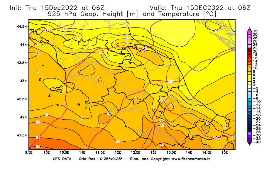 Mappa di analisi GFS - Geopotenziale [m] e Temperatura [°C] a 925 hPa in Centro-Italia
							del 15/12/2022 06 <!--googleoff: index-->UTC<!--googleon: index-->